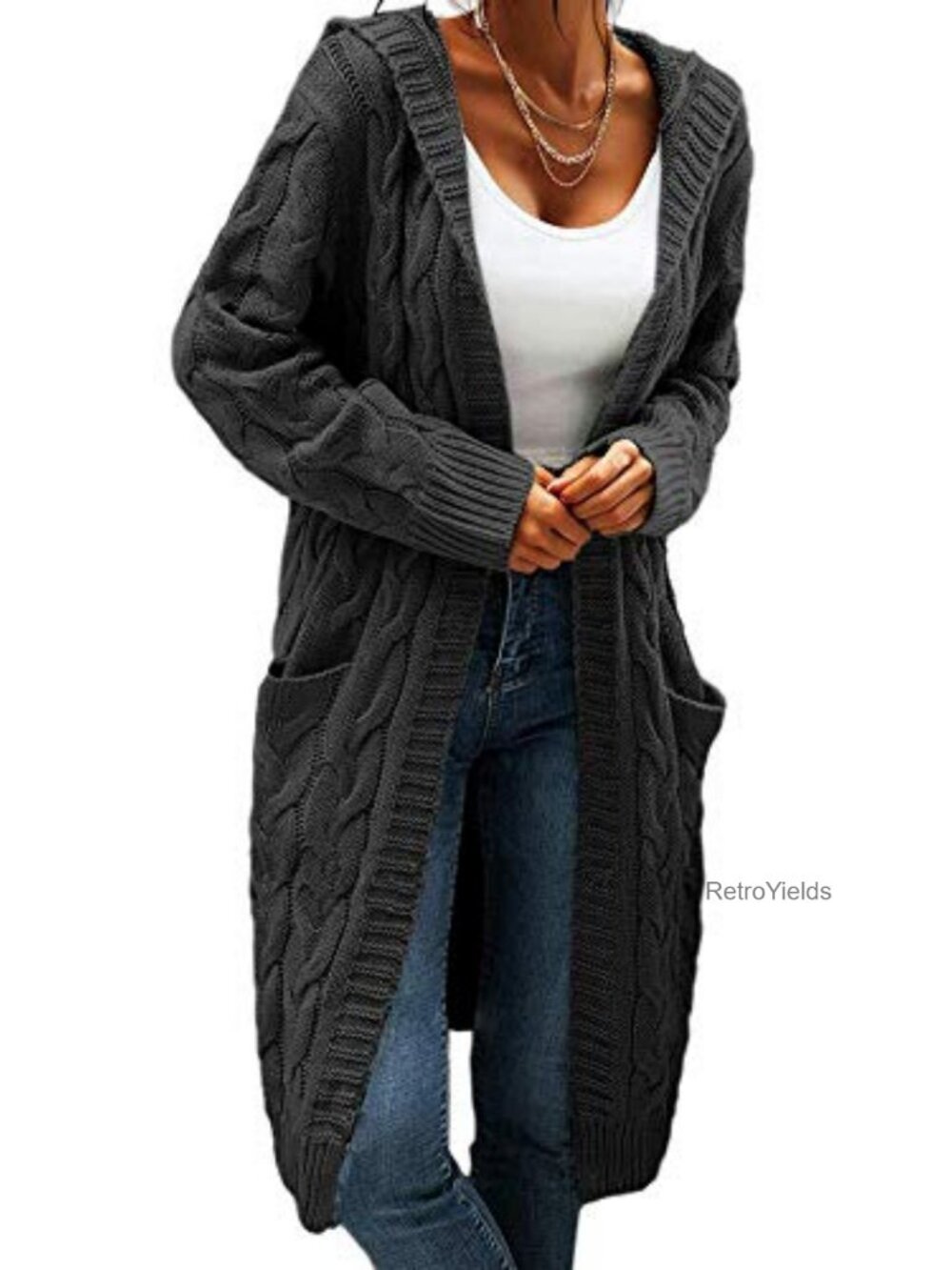 Women Hooded Open Front Cable Knit Chunky Long Cardigan Sweater Coat